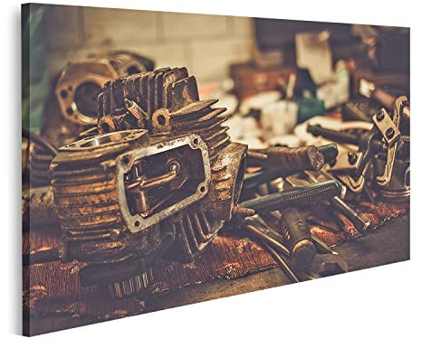 Bild auf Leinwand EIN Teil Der Motorrad Motor Auf Einem Tisch In Der Werkstatt Wandbild Poster Kunstdruck Bilder