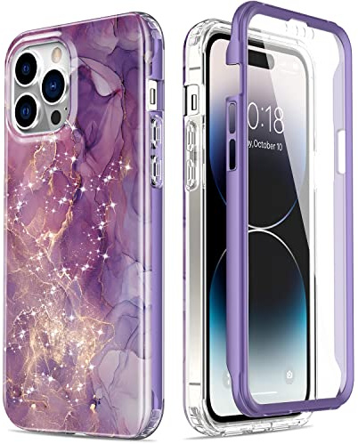 Esdot for iPhone 14 Pro Max Case with Built-in Screen Protector,Military Grade Rugged Cover with Fashionable Designs for Women Girls,Protective Phone Case 6.7 Glitter Purple Marble