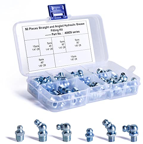 SPDYCESS 50 Stück Schmiernippel Sortiment Fettnippel, 45°/90°/180° Gerade und Abgewinkelt Hydraulische Fett Kit, 1/4 1/8 Imperial Abchmiernippel für Fettpresse Mundstück Rad Lager Kardangelenk Welle