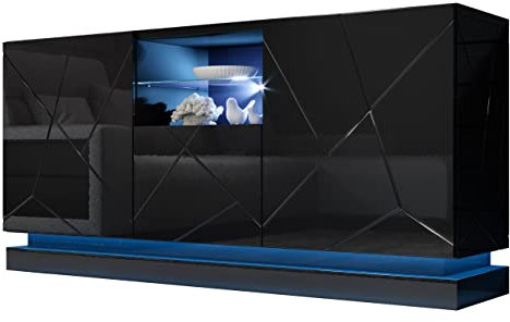 Mirjan24 Kommode Qiu 2D1K mit 7 Fächer und 3 Türen, Anrichte, Türkommode, Mehrzweckschrank, Highboard, Diele & Flur, Wohnzimmerschrank, Sideboard (Schwarz/Schwarz Hochglanz, mit RGB-LED Beleuchtung)