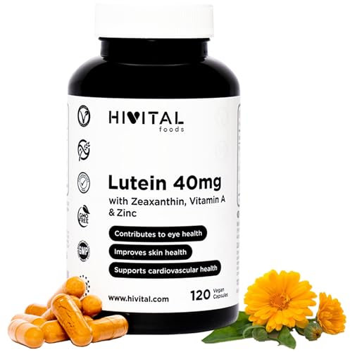Luteina 40 mg. 120 capsule vegane per 4 mesi di trattamento. Estratto Naturale di Fiori di Calendula con 40mg di Luteina pura, 8mg di Zeaxantina, Vitamina A e Zinco. Prodotto in Europa da HIVITAL