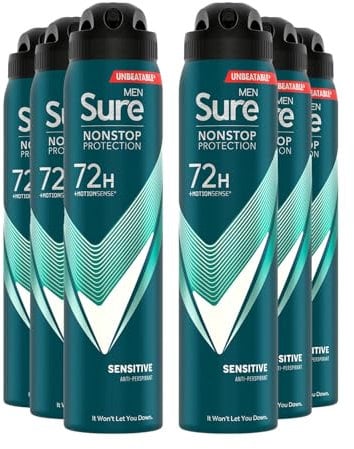 Sure Men Nonstop Protection Sensitive Anti-Perspirant Aerosol Men's Deodorant Spray with Body Heat Activated technology and a clean fragrance for 72 hour odour and sweat protection 6x 250 ml