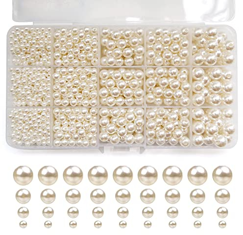 1500 Stück Glasperlen zum Auffädeln Beige, Runde Schmuckperlen mit Loch, Kunstperle, Glas Perlen Bastelperlen Set für Schmuckherstellung Halskette Armbänder Schmuck Basteln (∅ 4, 6, 8, 10 mm)