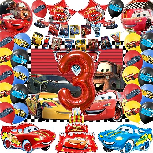 SWOKKTS Cars Geburtstag Deko 3 jahre, Kinder Auto Geburtstagsdeko 3 jahre, Auto Luftballons Geburtstag Jungen Mädchen, Cars Geburtstagsbanner Folienballon und Hintergrund (Rot Zahlenballons 3)