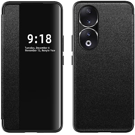 Lemxiee Cover pour Honor 90 Coque,Housse Premium en Cuir PU,Flip Translucide Antichoc Housse,Lunette en Silicone Souple pour Honor 90 - Noir