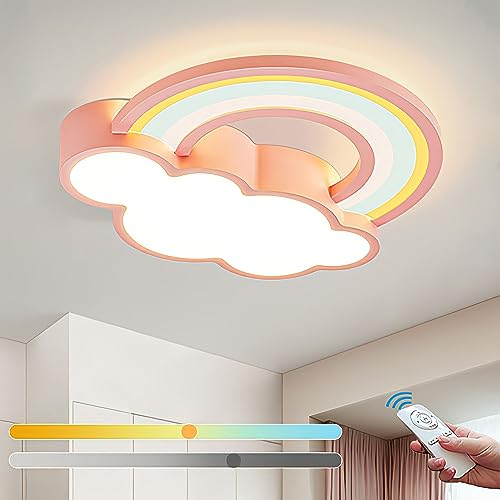 KZT LED Deckenleuchte Dimmbar mit Fernbedienung Wolken Regenbogen Deckenlampe Modern Junge Mädchen Kinderzimmer Pendelleuchte für Babyzimmer Schlafzimmer Wohnzimmer Hotel Deckenbeleuchtung, Rosa