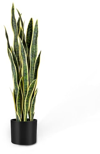KOL Planta de serpiente artificial de 3 pies, Sansevieria falsa para interiores y exteriores, 32 hojas gruesas, planta de seda sintética realista, decoración del hogar, jardín, planta de lengua de