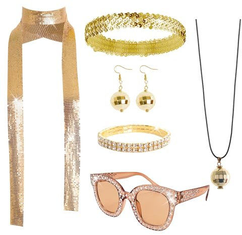 Gvhntk 6 Pcs 70s Women Disco Accessories Disco Costume Disco Sequin Scarf Headband Diamond Bracelet Ball Necklace Earring Glasses, Uniform size, Gold