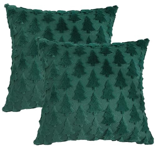 Tosleo 2 Stück Weihnachten Kissenbezüge 60 x 60cm Grün Doppelseitig Plüschfell Kunstfell Bäume und Sträucher Weihnachtsbaum Weiches Zierkissenbezüge Kissenhülle für Sofa Couch Schlafzimmer Wohnzimmer