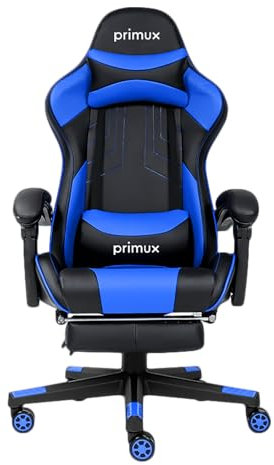 Primux Silla Gaming Eclipse Cobalto | Cómoda, Resistente y ergonómica | Reclinable | Apoyabrazos 2D | Reposapiés | Cojín Lumbar y para Cabeza | Revestimiento PU | Color Azul | Gamers y oficinas