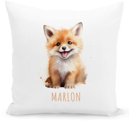 DEL MÀ Unique & Personal Fuchs Kissen personalisiert mit Namen Kinderkissen Kuschelkissen Kinder Geschenk Kinderzimmer Deko Junge Mädchen Zierkissen Dekokissen 40x40 cm inkl. Füllung und Bezug