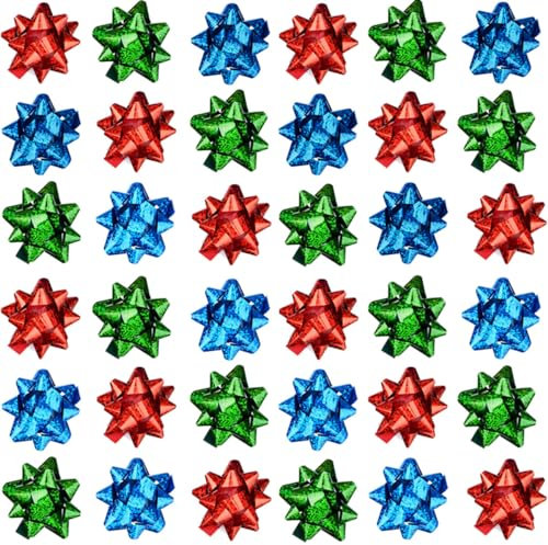 Jonami 100x Geschenkschleifen Selbstklebend Kleine Dekoschleifen - Fertigschleife für Weihnachten, Geburtstag und Hochzeit, Ø 5 cm, Rot Blau und Grün