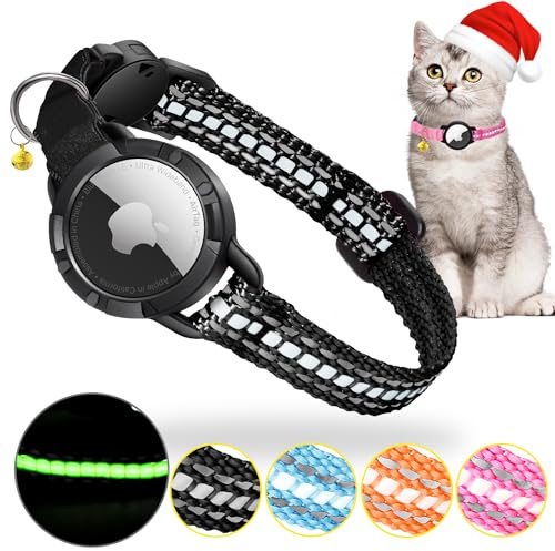 Airtag Katzenhalsband - Integriertes Katzenhalsband Airtag Wasserdicht,Reflektierendes Katzenhalsband mit Abbrechbarer Sicherheitsschnalle & Elastischer Gummizug für Kätzchen Klein Hund (Schwarz XS)