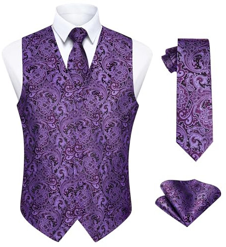 Enlision Gilet Violet Homme Paisley Mariage Gilet de Cravate et Pochette Ensemble Classique Gilets Costume sans Manche pour Fête