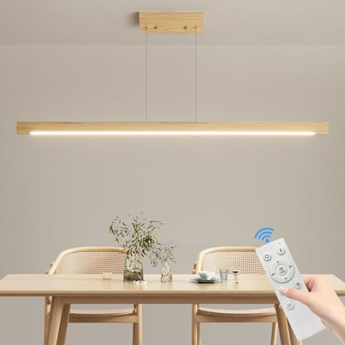 Mikeru Lineare Pendelleuchte Kücheninsel Pendelleuchte In Original Holz Farbe, 120 Cm Modernes Billardtisch Insel Licht Küche Esszimmer Licht Dimmbares Holz Licht Aufgehängt 150cm Höhe Verstellbar