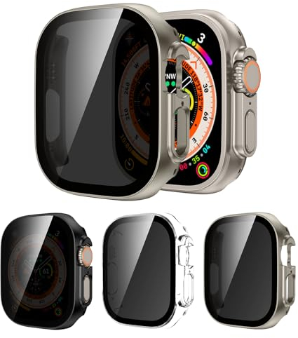 [3Piezas] Kamita Funda para Apple Watch Ultra 49mm con Protector de Pantalla de Cristal Templado de Privacidad, Duro PC Bumper Case con Antiespía Película para iWatch 49mm (Claro+Negro+Titanio)