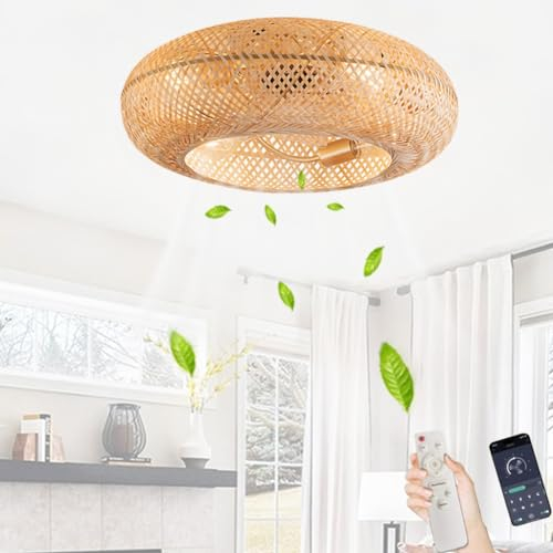 DOCJX Lampe De Ventilateur E27 Ventilateur De Plafond Rétro En Bambou Avec Éclairage Plafond Télécommande Silencieux Ventilateurs De Plafond Avec Lumière 6 Vitesses De Vent Pour Salon Salle À Manger