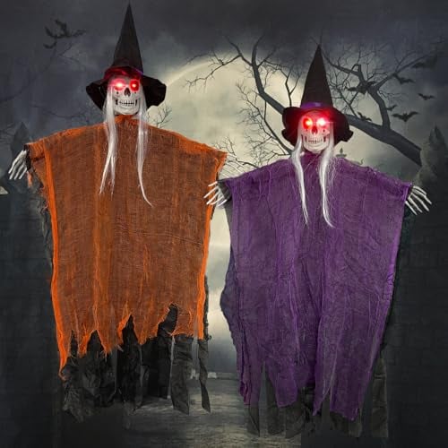 Halloween Deko Outdoor, 2 Stück 105 x 80cm Halloween Hexe Geist mit Glühenden Roten Auge Horror Deko Hägende Skelett Leuchtaugen für Garden Tür Party Draußen Innen