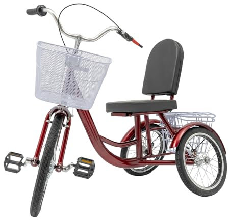 Fliuyr Dreirad für Erwachsene 26 Zoll,3 Räder 6-Gang Fahrrad mit Einkaufskorb,Fahrrad 3 Räder 150KG Tragfähigkeit mit Rückenlehne und Einkaufskorb für ältere Menschen Entwickelt,Erwachsene (Rot)