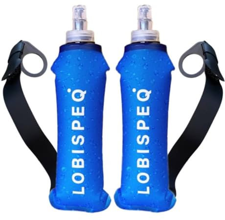 LOBISPEQ®️ - Pack de 2 Soft Flask 500ml con Correa Libre de BPA | Botellas Blandas Hidratación de TPU | Botella Agua Plegable Para Running, Trail Running o Cualquier Deporte (CORREA, AZUL)