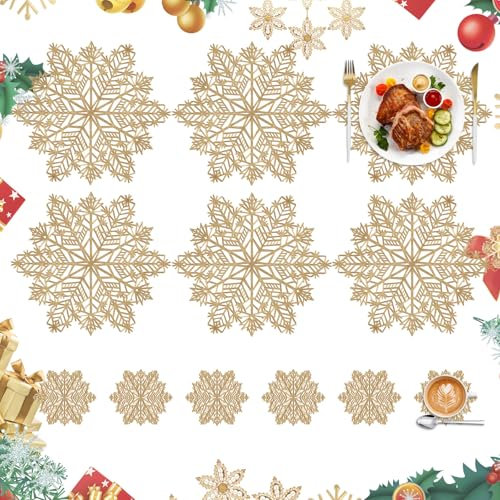 Homcomodar Christmas Placemats Set of 6 Golden Snowflake Table Mat for Desk Wipeable Tables Placemats Set of 6 Heat Resistant Place Mat for Dining table Christmas Holiday Party Decoration