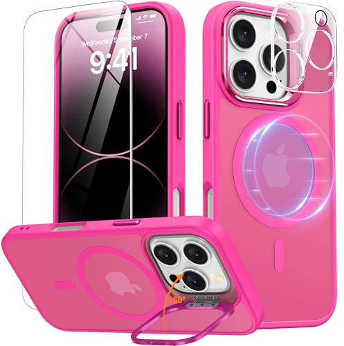 Oterkin Magnetic & Stand for iPhone 16 Pro Max Case with 9H Screen & Lens Protector[Fit for Magsafe][Metal KickStand][Colorful Frame] Translucent Matte Back Shockproof Phone Case for iPhone 16 Pro Max