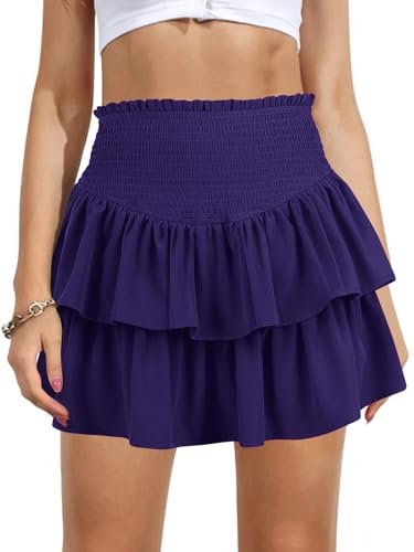 Vigorics Minigonna da donna a vita alta con volant carino gonna corta a strati con pantaloncini sotto, Viola scuro, M