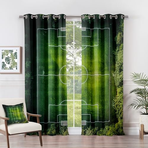 Vorhänge Fußballfeld - Fußball Sports Jungen Fenster Gardinen mit Ösen, Vorhang Blickdicht Verdunklungsvorhänge Thermovorhang für Wohnzimmer Schlafzimmer Deko 2er Set, H 166 x B 75 cm F#-335