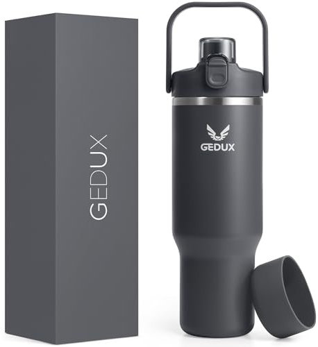 GEDUX 1000ml Edelstahl Tumbler mit Griff und Strohhalm, Vakuumisolierte Wasserflasche mit 2-in-1 Deckel (Schluckdeckel/Straw Deckel) und Silikonboden