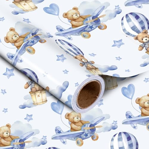 Holijolly Geschenk Wrapping Paper Roll.Mini Roll.Blue Teddy Bear Heißluftballon Design für Baby Boy Geburtstag, Baby Dusche mit 17 Zoll x 32.8 Füße (46.45 sq.ft.)