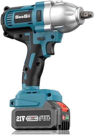 Seesii Avvitatore a impulsi a batteria,700 Nm di Coppia Massima, Chiave a Percussione 1/2 ad Alta Potenza con 2 Batterie da 2 x 4,0 Ah e Caricabatterie, Adatto per Uso Domestico e Auto