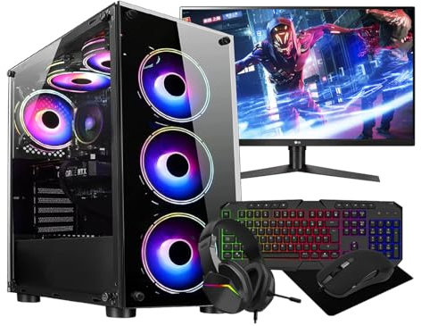 Computek Gaming PC Tower: Intel Core i5 • Nvidia GT1030 2GB • 16GB RAM • 256GB SSD+1TB HDD • 500W 80Plus • WiFi • Windows 10 • Black 6 Fans RGB Case • 22 Monitor Bundle