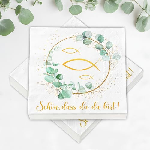 40 Stück Servietten Eukalyptus Grün+ 60 Holzfische Streudeko, Deko Junge Mädchen Kommunion, Taufe, Konfirmation, Firmung, Erstkommunion, Tischdeko Party Geschenke, Gastgeschenke, Holz Fisch Taufdeko
