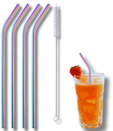 Glamified, Needs 4 x Reusable Colourful Drinking Bent Metal Straw (Rainbow (Bent))