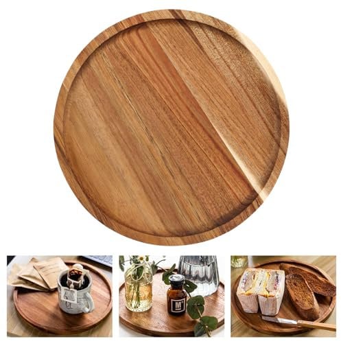 AKONE Holzteller Rund, Holztablett Rund 20cm, Tablett Runden Holz, Flacher Platzteller aus Holz, Holzgeschirr, Akazienholz Dekoteller Serviertablett für Snack Dessert Käse Sandwich Obst