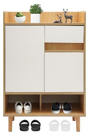 JAYEUW Zapatero independiente con 2 puertas, zapatero con cajones pequeños, zapatero para la entrada, pasillo, salón, 60 x 32 x 90 cm (color madera de cerezo)