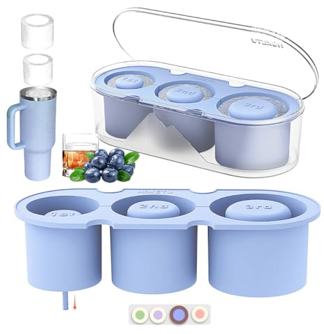 NOXETU Ice Mold for Stanley Cup 30/40 Oz - Easy Fill and Release Without Touching Ice, Silicone Ice Cube Tray with Clear Lid and Bin for Freezer, Whiskey, Cocktail (Blue)