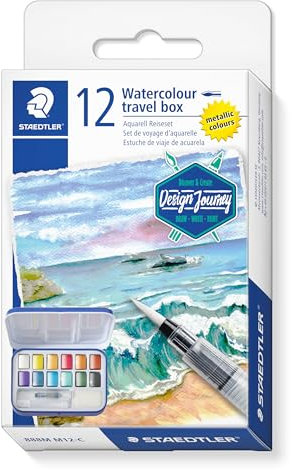 STAEDTLER Kit de peinture aquarelle – Kit de voyage – Design Journey – Comprend une palette de mélange, 12 peintures métalliques, un pinceau à eau et une éponge – Lot de 1, 888M M12-C