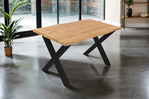 SAM Esstisch Josy 140x80 cm Holz Wildeiche-Optik X-Gestell schwarz | 40 mm Tischplatte mit Baumkante, Metallgestell, Tisch für Esszimmer & Küche