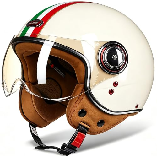 Vintage Motorrad Jethelme, Open Face Helm Vintage Roller Helm für Damen Herren, ECE Zertifiziert Retro Elektrischer Halbhelm mit Sonnenblende, Jet-Helm für Cruiser