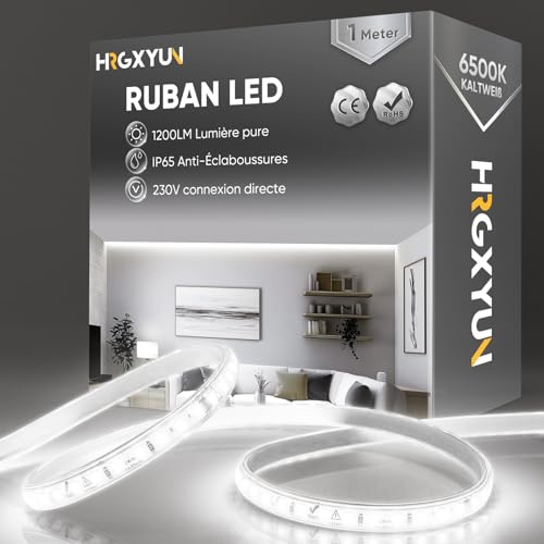 HRGXYUN 230V LED Streifen Aussen, SMD 2835 IP65 Wasserdicht, Bande LED Durchsichtig 1200LM Ohne Trafo Flexible Kürzbar für Zimmer und Außen Dekoration Beleuchtung, 6500K Kaltweiß, 1m