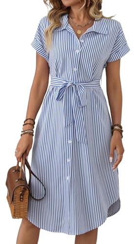 SweatyRocks Blusenkleid Damen Sommer Elegant Hemdblusenkleid Lang Gestreiftes Kleid Midikleid Mit Gürtel Strandkleider Sommer Business Outfits Blau und Weiß L