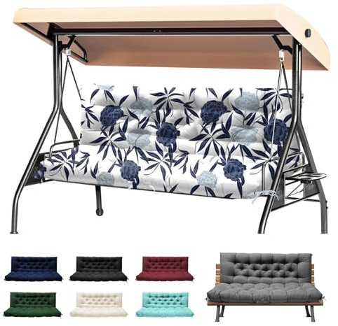 2-3 Seater Thick Garden Bench Cushion, Waterproof Patio Swing Cushion with Backrest, Outdoor Sun Lounger Swing Hammock Porch Pad Mat with Ties Straps for Canopy Furniture(Blue Enchantress,150x100cm)