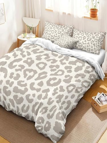 Bettwäsche 155x220 Grau Bettwäsche-Sets Atmungsaktive Angenehme Bügelfrei Microfaser 3D Bettbezug Leopard mit Reißverschluss und 2 Kissenbezüge b-3455