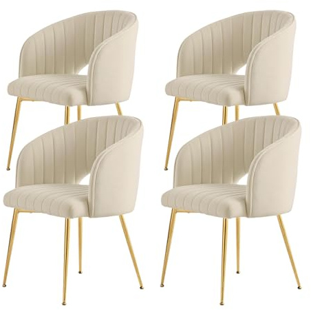 SUPPNEED Lot de 4 chaises de salle à manger en velours, chaises de table à manger, chaises rembourrées avec accoudoirs, dossier incurvé, pieds dorés, chaises de cuisine, fauteuils pour salon, chambre