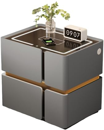 Table De Chevet Intelligente avec Éclairage LED, Table De Chevet Flottante avec Station De Charge Et 2 Tiroirs, Plan De Travail en Verre Trempé, Table D'appoint en Bois(D,40cm)