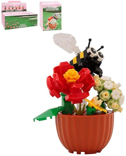 Lesser & Pavey Mini Bricks Flowers With Bee Building Blocks For Home & Office | Artificial Flowers Mini Pots For Decor | Micro Bricks Sets For Adults & Kids | Lovely Gift For Women & Men