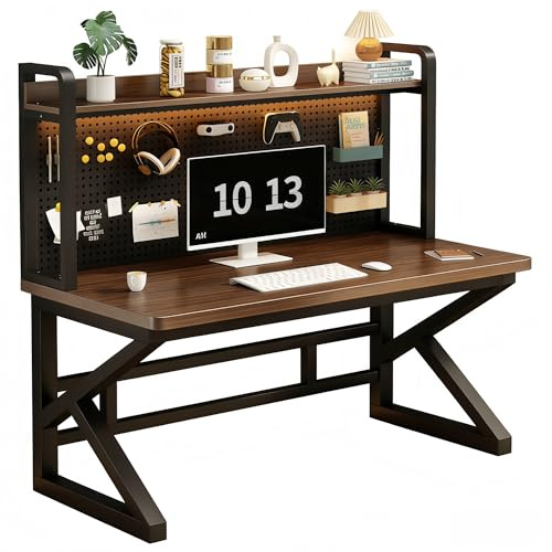 Esspoxi Schreibtisch mit Lochplatten-Rückwand & Bücherregal, Modern Home Office Arbeitstisch mit K-Beinen, Platzsparender Bürotisch Sekretär für Schüler & Studenten(Walnut,B-FR,31.5in)