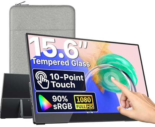 VisionOwl Tragbarer Monitor 15,6 Zoll, 10-Punkt-Touchscreen 1080P FHD IPS Externer Bildschirm, USB-C & HDMI Laptop Monitor für Mac PC PS5 Xbox, integrierter Standfuß, Lautsprecher, VESA montierbar