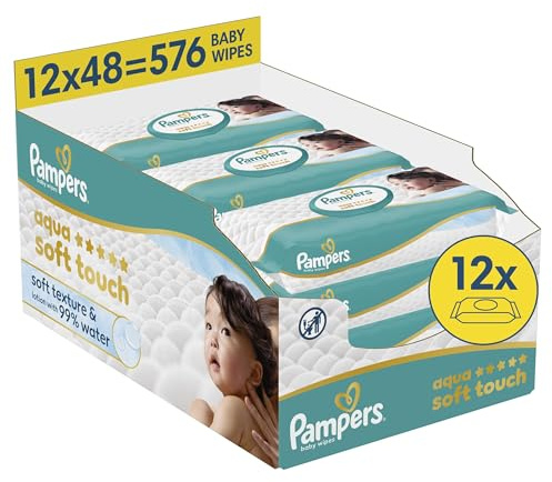 Pampers Aqua Soft Touch Baby-Feuchttücher, 12x48 (576 Stück) | weiche Textur & Lotion mit 99% Wasser